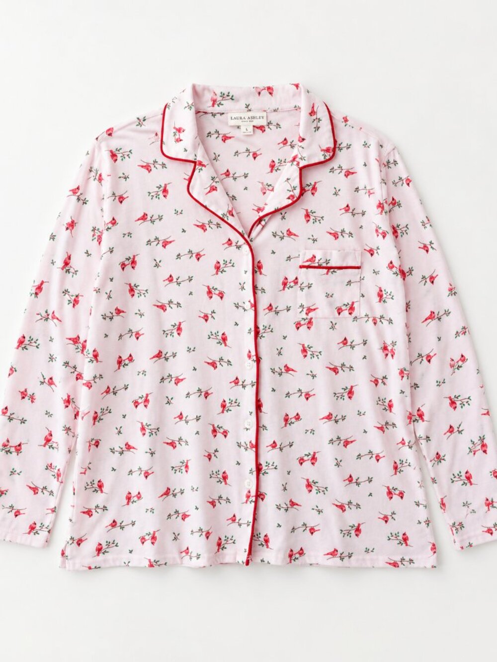 Laura Ashley Pajama Top Womens L Pink Red Cardinal Bird Long Sleeve Button Up